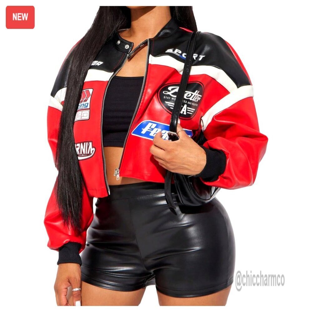 Cropped Faux Leather Varsity Jacket Zip Up Letter Graphic Motorcycle Biker Coat